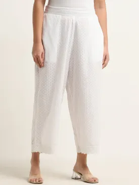 Diza White Self-Patterned High-Rise Cotton Ethnic Pants