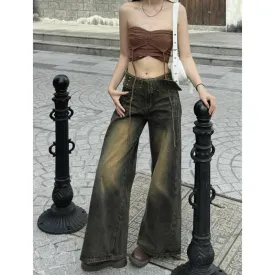 Girlary Blue Womens Jeans High Waist Vintage Straight LOOSE Denim Pants Y2K Streetwear American Classic Fashion Wide Leg Denim Trouser