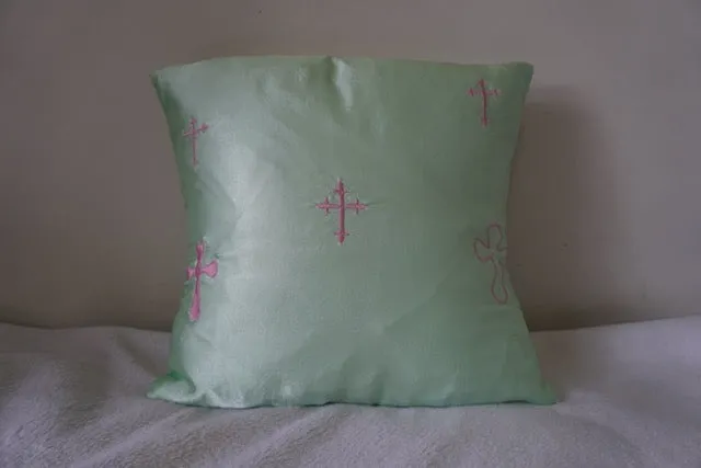 Holy Cross Embroidered Satin Pillow by Shiloh Sagapolu