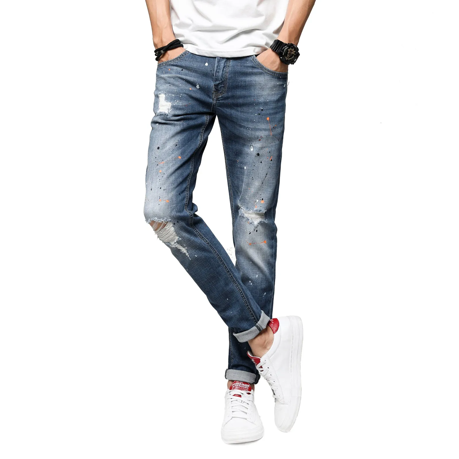 Men's Skinny Stretch Spray Ripped Blue Jeans