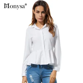 White Blouses And Shirts Women Peplum Tops 2017 New Fashion Collar Long Sleeve Shirt Women Casual Clothing With Ruffles