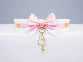 White, Pink Velvet, and Gold Bunny-Themed Pet Play Collar